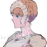  1girl blue_eyes blush braid breasts brown_hair closed_mouth collarbone commentary_request crown_braid earrings headpiece jewelry kaze_no_tani_no_nausicaa kushana ponytail profile serizawa_nae short_hair simple_background solo teardrop_earrings twitter_username web_address white_background 