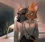  2022 anthro bottomwear brown_body brown_fur canid canine canis clothed clothing diane_foxington digital_media_(artwork) dreamworks duo eyebrow_piercing facial_piercing female fox fur half-closed_eyes looking_away male mammal mr._wolf_(the_bad_guys) narrowed_eyes nosugarnohoney on_lap orange_body orange_fur piercing romantic romantic_ambiance shirt sitting sitting_on_lap smile suit the_bad_guys topwear white_clothing white_suit wolf 