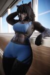 3d_(artwork) abs ahoge annoad anthro athletic athletic_anthro athletic_female athletic_wear black_body black_fur black_hair blue_bottomwear blue_bra blue_clothing blue_eyes blue_shorts blue_sky blue_underwear bottomwear bra breasts clothing crop_top day digital_media_(artwork) fangs felid female fur gym_bottomwear gym_shorts hair hand_behind_head hi_res inside jewelry looking_at_viewer mammal medium_breasts medium_hair midriff muscular muscular_anthro muscular_female necklace pantherine shani_(annoad) shirt shorts sky smile smiling_at_viewer solo sports_bra teeth thick_thighs topwear underwear whiskers wide_hips window