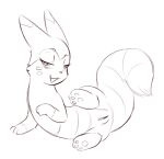 2014 3_fingers 3_toes bedroom_eyes blush blush_lines darkmirage digital_drawing_(artwork) digital_media_(artwork) eyelashes facial_markings feet female feral fingers front_view fur fur_markings furret generation_2_pokemon genitals gloves_(marking) head_markings looking_at_viewer lying markings narrowed_eyes nintendo on_side open_mouth pawpads pokemon pokemon_(species) presenting presenting_vulva quadruped seductive simple_background sketch smile smiling_at_viewer solo spread_legs spreading striped_body striped_fur stripes tail toes vulva white_background