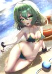  1girl :d absurdres bangs beach bikini breasts buoy cleavage dfra frilled_bikini frills green_bikini green_eyes green_hair heart heart-shaped_pupils highres komeiji_koishi looking_at_viewer lying medium_breasts navel ocean on_side open_mouth outdoors short_hair smile solo swimsuit symbol-shaped_pupils third_eye touhou wrist_cuffs 