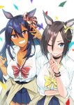  2girls absurdres air_groove_(umamusume) animal_ears arm_under_breasts bangs blue_eyes blue_hair blue_skirt blush bow bowtie breast_hold breasts brown_hair choker cleavage closed_mouth collared_shirt confetti cowboy_shot dark-skinned_female dark_skin grin hair_ornament hairclip hand_up hands_up highres hishi_amazon_(umamusume) horse_ears large_breasts lips looking_at_viewer multiple_girls one_eye_closed pleated_skirt red_bow red_bowtie sasanon_(sasapoliton) shirt short_hair simple_background skirt sleeves_rolled_up smile teeth umamusume v white_background white_shirt wristband yellow_bow yellow_bowtie 