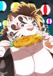  anthro blue_eyes blush corn cute_fangs eating felid food fur hi_res hijirinoyuta licho_(tas) lifewonders male mammal pantherine pecs plant roast_corn solo tiger tokyo_afterschool_summoners video_games white_body white_fur 