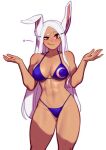  1girl abs animal_ears ass_visible_through_thighs bare_shoulders bikini blue_bikini blushyspicy boku_no_hero_academia breasts closed_mouth collarbone commentary dark-skinned_female dark_skin english_commentary hands_up highleg highleg_bikini highres large_breasts long_hair looking_at_viewer mirko navel rabbit_ears raised_eyebrow red_eyes simple_background smirk solo string_bikini swimsuit thighs very_long_hair white_hair 