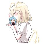  1girl at_09098 bang_dream! bang_dream!_it's_mygo!!!!! blonde_hair character_doll closed_eyes commentary_request doll drawn_ears drawn_tail heart korean_commentary medium_hair misumi_uika oblivionis_(bang_dream!) shirt short_hair simple_background togawa_sakiko upper_body white_background white_shirt yuri 