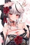  1girl absurdres bare_shoulders black_choker blurry blush bottle breasts chest_sarashi choker cleavage depth_of_field falling_petals flower flower_knot grey_hair grey_kimono hair_flower hair_ornament hair_stick highres holding holding_bottle hololive japanese_clothes kimono large_breasts light_smile looking_at_viewer moon multicolored_hair nail_polish namagome_negi night night_sky open_mouth petals pouring pouring_onto_self red_eyes sakamata_chloe sake_bottle sarashi short_hair_with_long_locks simple_background sky smile solo streaked_hair tassel tassel_hair_ornament tokkuri upper_body virtual_youtuber white_background window 