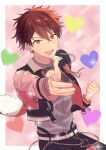  1boy absurdres belt belt_buckle border brown_eyes brown_hair buckle chain clenched_hand commentary_request cowboy_shot earrings ensemble_stars! fingernails hair_between_eyes heart highres jewelry layered_clothes long_sleeves looking_at_viewer male_focus morisawa_chiaki official_alternate_costume open_mouth outside_border ring short_hair smile solo teeth upper_teeth_only white_belt white_border yuki_suzume 