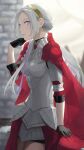  1girl armor cape closed_mouth e5nf8v edelgard_von_hresvelg fire_emblem fire_emblem:_three_houses fire_emblem_warriors:_three_hopes gloves hair_ornament hair_ribbon highres long_hair long_sleeves looking_at_viewer low_ponytail official_alternate_costume purple_eyes red_cape ribbon simple_background skirt solo white_hair 