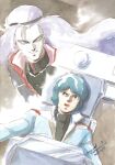 1980s_(style) 1985 2boys absurdres aeug blank_eyes cockpit dated gundam hairband highres jacket kamille_bidan kitazume_hiroyuki long_hair male_focus military military_uniform mullet multiple_boys official_art painting_(medium) paptimus_scirocco pilot_chair purple_hair retro_artstyle scan science_fiction signature titans_(gundam) traditional_media watercolor_(medium) zeta_gundam 