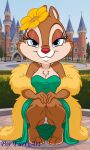  1girl :3 absurdres blue_eyes clarice_(disney) disney disneyland dress from_below furry furry_female green_dress highres knees_together_feet_apart non-web_source panties pantyshot park por_furryart_(artist) smile squatting squirrel_girl underwear 