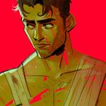  1boy arcane:_league_of_legends arcane_jayce bandaged_chest beard_stubble black_hair brown_hair chest_hair closed_mouth english_commentary facial_hair hashtag-only_commentary jayce_(league_of_legends) league_of_legends looking_to_the_side portrait red_background short_hair sideburns_stubble simple_background skcd_loen sketch stubble sweatdrop thick_eyebrows 