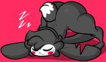  2021 ambiguous_gender anthro ass_up big_butt black_body black_fur black_nose butt clipped_ear ekkokenight eyes_closed fur hi_res lagomorph leporid mammal mime_(ekkokenight) on_ground rabbit red_background shadow simple_background sleeping smile solo sound_effects thick_thighs whiskers white_body white_fur zzz 