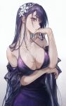  1girl alternate_costume arm_under_breasts bare_shoulders breasts cleavage dress genshin_impact halterneck hand_up highres large_breasts long_hair looking_at_viewer mole mole_under_eye parted_lips purple_dress purple_eyes purple_hair r_o_ha raiden_shogun solo 