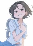  1girl android black_eyes black_hair blue_necktie blue_skirt blush collarbone hand_on_own_chest highres looking_at_viewer medium_hair necktie nichijou school_uniform shinonome_nano simple_background skirt solo tokisadame_school_uniform white_background wichimi winding_key 