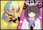  2girls :o aqua_hair bandeau black_dress black_hair blonde_hair blush bob_cut canari_(pokemon) coat dark-skinned_female dark_skin dress eyelashes gloves gwynn_(pokemon) han0579 hat heart highres interlocked_fingers jacket long_sleeves mask_pull mega_stone multicolored_hair multiple_girls open_clothes open_coat open_jacket open_mouth own_hands_together partially_fingerless_gloves pink_background pokemon pokemon_legends:_z-a purple_eyes purple_hair short_hair split-color_hair teeth two-tone_background upper_body white_coat yellow_background yellow_bandeau yellow_jacket yuri 
