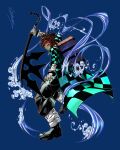  1boy baggy_pants bandaged_arm bandages bangle black_pants blue_background blue_eyes bracelet brown_hair checkered_clothes crate fighting_stance fingerless_gloves full_body fusion gloves highres jewelry kamado_tanjirou keyblade kimetsu_no_yaiba kingdom_hearts ldawb male_focus pants sandals scar scar_on_face scar_on_forehead short_hair signature socks solo sora_(kingdom_hearts) spiked_hair 