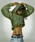  1boy antonio_leon_mars_(skcd_loen) arms_up artist_logo beard_stubble belt black-framed_eyewear black_belt black_hair black_panties closed_mouth commentary cowboy_shot cropped_hoodie cross cross_print curled_fingers cyber_sigilism denim eyebrow_cut facial_hair fashion gradient_background green_hoodie green_streaks grey_background halftone highres hip_tattoo hood hood_up hoodie jeans light_smile logo lowleg lowleg_panties lowleg_pants mustache navel original panties pants pubic_hair ring_piercing single_hair_streak skcd_loen sparse_leg_hair stomach stomach_hair streetwear stubble sunglasses tan tattoo underwear y2k_fashion zipper 
