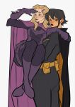  2girls arm_around_shoulder bat_ornament batgirl batman_(series) belt black_bodysuit black_cape black_hair black_lips blonde_hair blue_eyes bodysuit boots breasts brown_eyes cape carrying cassandra_cain closed_mouth cowboy_shot crossed_ankles dc_comics full_body gloves hair_ornament hairclip highres irispardom long_hair looking_at_viewer medium_breasts multiple_girls parted_lips princess_carry purple_boots purple_cape purple_gloves purple_lips shading_eyes short_hair stephanie_brown superhero_costume swept_bangs utility_belt white_background 