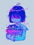  2others 3boys :d blue_hair blue_skin blue_tongue chibi colored_skin colored_tongue deltarune g_c_hori gloves hair_over_eyes hat heterochromia jester_cap jevil lancer_(deltarune) multiple_boys multiple_others pink_scarf rouxls_kaard scarf short_hair simple_background smile spamton_g._spamton tongue tongue_out upper_body white_gloves 