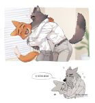  &lt;3 anthro belt blush blush_lines bottomwear brown_body canid canine canis clothed clothing dialogue diane_foxington digital_media_(artwork) dreamworks duo embrace eyebrow_piercing eyes_closed facial_piercing female fox fur hair hi_res kissing kissing_cheek korean_text male male/female mammal mr._wolf_(the_bad_guys) nosugarnohoney orange_body orange_fur pants piercing romantic romantic_ambiance romantic_couple shirt smile speech_bubble tail_motion tailwag text the_bad_guys topwear translation_check translation_request white_clothing white_shirt white_topwear wolf 
