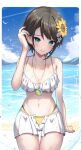  1girl adjusting_hair alternate_costume ao_ne aqua_eyes arm_support bangs beach bikini bird blush breasts brown_hair cleavage closed_mouth cloud cloudy_sky collarbone commentary_request cowboy_shot embarrassed flower hair_flower hair_ornament hand_up head_tilt highres hololive large_breasts legs_together looking_at_viewer medium_hair navel oozora_subaru outdoors seagull shadow sidelocks sitting skindentation sky solo swept_bangs swimsuit thighs virtual_youtuber water wet white_bikini yellow_bikini 
