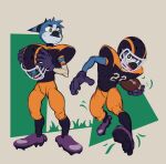 2023 anthro armor avian beak bird blue_body bodily_fluids cleats clothing compression_sleeve football_gear football_helmet football_jersey football_pants football_player furgonomic_headwear furgonomics gloves grass handwear headgear helmet hi_res holding_armor holding_headgear holding_helmet holding_object hunched_over looking_at_viewer male mouthguard number_on_clothing owl owy owy_(character) plant running solo sweat sweatdrop