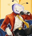  1boy :d ant_tenna black_pants blush coat crt deltarune gloves highres holding holding_microphone microphone necktie object_head pants radio_antenna sitting smile star_(symbol) sweat tailcoat utdr_(toby_fox) white_gloves yellow_necktie 