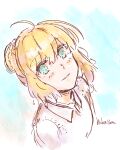  ahoge artoria_pendragon_(fate) bangs blonde_hair blue_eyes blush collared_shirt eyelashes fate/stay_night fate_(series) frilled_shirt frills hair_bun hidariyana looking_at_viewer saber shirt short_hair signature smile white_shirt 