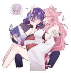  2girls animal_ears book breasts closed_eyes closed_mouth commentary detached_sleeves dress earrings fang flower fox_ears genshin_impact hair_flower hair_ornament hand_on_another's_face heart highres holding holding_book japanese_clothes jewelry kimono large_breasts long_hair mole mole_under_eye multiple_girls nonons open_mouth pink_hair purple_eyes purple_flower purple_hair purple_kimono raiden_shogun sideboob simple_background sitting sitting_on_lap sitting_on_person smile speech_bubble sweat thought_bubble white_background white_dress yae_miko yuri 