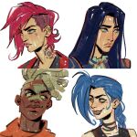  1boy 3girls arcane:_league_of_legends arcane_caitlyn arcane_jinx arcane_vi black_shirt black_tank_top blue_eyes blue_hair blue_jacket braid brown_eyes caitlyn_(league_of_legends) cheek_tattoo choker closed_mouth collar commentary cropped_shoulders dark-skinned_male dark_skin dreadlocks ekko_(league_of_legends) expressionless eyebrow_cut face_piercing facial_mark firelight_ekko freckles frilled_collar frills gold_trim hashtag-only_commentary highres jacket jinx_(league_of_legends) league_of_legends light_smile long_hair looking_ahead looking_at_another mullet multiple_girls neck_tattoo nose_piercing piercing pink_hair raised_eyebrow red_jacket roman_numeral shirt side_cut side_part simple_background skcd_loen sketch straight_hair tank_top tattoo teeth thick_lips twin_braids undercut vi_(league_of_legends) white_background white_hair 