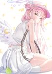  1girl absurdres angel_wings ball blue_archive blush commentary_request crescent feathered_wings hair_bun highres long_hair looking_at_viewer low_wings mika_(blue_archive) open_mouth pink_hair pleated_skirt racket shirt shoes single_hair_bun single_side_bun skirt sleeveless sleeveless_shirt sneakers socks solo sportswear sweat tennis_ball tennis_racket tennis_uniform very_long_hair wfa5051 white_shirt white_skirt white_wings wing_ornament wings yellow_eyes 