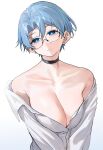  1girl aochoku bangs bare_shoulders blue_eyes blue_hair breasts bright_pupils choker cleavage collarbone earrings glasses highres jewelry large_breasts long_sleeves off_shoulder original parted_bangs parted_lips round_eyewear shirt short_hair simple_background solo stud_earrings upper_body v_arms white_background white_pupils white_shirt 