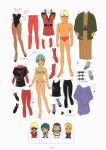  1980s_(style) 1980s_fashion 1girl 4boys absurdres aeug aqua_hair belt blonde_hair blue_hair char_aznable chibi dual_persona fishnets four_murasame glasses gundam highres japanese_clothes jerid_messa kamille_bidan kitazume_hiroyuki leotard looking_at_viewer magazine_scan military_uniform mullet multiple_boys pants paptimus_scirocco pompadour promotional_art purple_hair retro_artstyle sandals scan science_fiction shoes sunglasses titans_(gundam) traditional_media underwear vest white_background zeta_gundam 