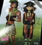  1boy 1girl adoptive_siblings antonio_leon_mars_(skcd_loen) arm_hair arm_tattoo artist_logo asian badge baggy_shorts bandaged_arm bandages belt black_belt black_border black_cloak black_hair black_shoes black_vest book boots border brother_and_sister brown_boots brown_eyes button_badge cargo_shorts chest_hair chromatic_aberration cigarette cloak closed_mouth collared_shirt commentary converse cowboy_boots denim denim_skirt drawn_star ear_piercing english_commentary eyebrow_cut facial_hair flourish_(design) frutiger_metro full_body gauze gauze_on_cheek gauze_on_stomach goatee green_background green_eyes green_hair green_shorts grey_background halftone hands_in_pockets hashtag-only_commentary hat height_difference high_collar highres holding holding_book hugging_book hugging_object kim_huang_(skcd_loen) logo looking_at_viewer looking_to_the_side male_underwear male_underwear_peek medium_hair midriff_peek mortarboard mouth_hold mullet multicolored_hair mustache necktie open_cloak open_clothes open_vest orange_scarf original pantyhose piercing pink_pantyhose polaroid_photo price_tag pubic_hair puff_of_air red_male_underwear red_necktie ring_piercing scarf shirt shoes short_hair shorts siblings skcd_loen skirt skull_tattoo sneakers socks split-color_hair standing star_(symbol) star_tattoo tank_top tape tassel tattoo tilted_border two-tone_background two-tone_hair two-tone_vest undercut underwear vest wallet_chain wavy_ends white_shirt white_socks white_tank_top wolf_cut 