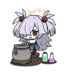  blue_archive blush brown_eyes brown_halo cauldron chibi chibi_only collared_shirt cork dress eyelashes flask green_dress green_liquid hair_ornament hair_over_one_eye halo holding holding_ladle jar kanoe_(blue_archive) ladle long_hair pinafore_dress potion purple_liquid rikaon shirt sleeveless sleeveless_dress smile stirring stool very_long_hair white_background white_hair white_shirt 