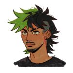  1boy antonio_leon_mars_(skcd_loen) black_hair black_shirt closed_mouth commentary cropped_shoulders ear_piercing eyebrow_cut facial_hair goatee green_eyes green_hair light_smile looking_ahead mullet multicolored_hair mustache original piercing ring_piercing shirt short_hair simple_background skcd_loen split-color_hair symbol-only_commentary tan two-tone_hair undercut white_background 