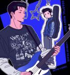  1boy bass_guitar black_eyes black_hair blue_jacket blue_pants character_name charm_(object) cigarette closed_mouth crew_neck denim dot_nose english_text guitar_case hand_in_pocket headphones holding holding_bass_guitar holding_instrument instrument instrument_case jacket jeans layered_clothes layered_sleeves long_sleeves looking_to_the_side male_focus mito_youhei multiple_views music pants peter_sponsor playing_bass_guitar playing_instrument print_shirt shirt shoes short_hair short_over_long_sleeves short_sideburns short_sleeves slam_dunk_(series) sneakers standing track_jacket triple_vertical_stripe white_shirt 