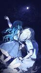  2girls absurdres arm_up bang_dream! bang_dream!_it's_mygo!!!!! blonde_hair blue_hair blue_theme chinese_commentary commentary_request grey_skirt highres holding_hands long_hair long_sleeves lu_bian_de_yecao_zai_changge misumi_uika moon multiple_girls night outdoors shirt short_sleeves skirt sky star_(sky) starry_sky togawa_sakiko wading white_shirt 