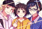  1girl 2boys ahoge black-framed_eyewear blonde_hair brown_eyes brown_hair brown_headwear glasses hat heart hood hood_down kokuhaku_jikkou_iinkai lips looking_at_viewer louiselulub messy_hair multiple_boys pink_eyes plaid_headwear ponytail purple_eyes shibasaki_aizou short_ponytail simple_background smile someya_yuujirou star_(symbol) suzumi_hiyori upper_body v white_background 