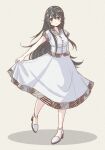  1girl alternate_costume black_hair cocax_x dress full_body hair_between_eyes hair_ornament hairband hairclip haruna_(kancolle) high_heels highres kantai_collection long_hair looking_at_viewer short_sleeves simple_background smile solo standing standing_on_one_leg white_background white_dress white_footwear yellow_eyes 