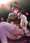  1girl animal_ears bare_shoulders black_dress black_panties blush braid braided_hair_rings breasts brown_hair corset detached_sleeves dress ear_covers ear_ornament gentildonna_(regina_dei_fiori)_(umamusume) gentildonna_(umamusume) gloves gold_embroidery hair_between_eyes hair_ornament hair_rings heart-shaped_ornament heart_ear_ornament highres horse_ears horse_girl horse_tail large_breasts long_hair looking_at_viewer nazo_kitsune panties parted_lips red_corset red_eyes see-through_cleavage see-through_clothes smile solo tail thighhighs umamusume underwear white_gloves white_thighhighs 