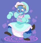 3_toes ambiguous_gender anthro aqua_(innocentenough) artist_logo bib black_tail blue_background blue_body blue_clothing blue_dress blue_handwear blue_headwear blue_pacifier blush blush_lines bondage_gear bondage_gloves bonnet bubblepuppers clean_diaper clothed clothing cloud_emanata dewott diaper dress emanata english_text eyewear eyewear_on_head feet generation_5_pokemon goggles goggles_on_head grey_whiskers handwear headgear headwear heart_symbol hi_res humiliation innocentenough leg_markings logo looking_down magic magic_circle markings nintendo object_in_mouth on_one_leg pacifier pacifier_in_mouth pokemon pokemon_(species) simple_background socks_(marking) solo standing tail text toes wearing_diaper whiskers