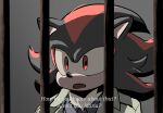  anthro black_body black_fur black_quills blue_clothing blue_shirt blue_topwear caption chest_tuft clothing coat cosplay dialogue english_text eulipotyphlan fur harry_mason hedgehog hi_res konami male mammal prison_bars quavernsfw quills_(anatomy) red_eyes red_stripes sega shadow_the_hedgehog shirt silent_hill solo sonic_the_hedgehog_(series) stripes tan_inner_ear tan_mouth text topwear tuft white_chest_hair 