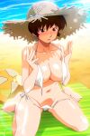  1girl :o areola_slip bangs barefoot bikini blanket blush breasts brown_eyes brown_hair collarbone day halter_top halterneck hat large_breasts lens_flare navel non-web_source official_art outdoors photoshop_(medium) shiny shiny_skin short_hair sitting solo straw_hat sun_hat super_real_mahjong swimsuit tanaka_ryou torn_clothes toyohara_etsuko wardrobe_malfunction wariza white_bikini 