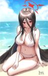  1girl artist_name beach bikini black_hair black_wings blue_archive blue_sky breasts cleavage cloud dated day full_body halo hasumi_(blue_archive) highres kimchi_(user_mpzz8457) large_breasts long_hair looking_at_viewer navel ocean outdoors parted_lips red_eyes sand sitting sky solo swimsuit thighs very_long_hair water wet white_bikini wings 