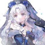  1girl :o arm_cutout artist_name baonu_de_zhanshen_caibutou bare_shoulders black_arm_warmers black_choker blue_dress blue_eyes blue_eyeshadow blue_flower blue_gemstone blue_rose bridal_veil bride chinese_commentary choker clenched_hand clothing_cutout collarbone commentary_request diamond_cutout dot_nose dress expressionless eyelashes eyeshadow facial_tattoo floral_print flower flower_tattoo gem grey_flower grey_rose grey_veil hair_flower hair_ornament hand_on_own_chest highres infinity_nikki lace lace-trimmed_veil lace_arm_warmers lace_choker lace_trim light_blush light_particles long_hair long_sidelocks looking_to_the_side makeup nameless_selfless_(infinity_nikki) nikki_(series) off-shoulder_dress off_shoulder parted_bangs parted_lips petals print_arm_warmers procreate_(medium) rose rose_petals rose_print runny_makeup see-through_clothes see-through_veil short_sleeves sidelocks simple_background solo sparkle tareme tattoo upper_body veil very_long_hair wavy_hair wedding_dress white_background white_hair 