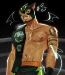  1boy animal_ears antonio_leon_mars_(skcd_loen) arm_hair arm_tattoo artist_logo backlighting belt black_background black_mask black_shorts cat_ears championship_belt chest_hair chromatic_aberration cowboy_shot demon_tail demon_wings drawn_star drawn_tail drawn_wings english_commentary eyebrow_cut facial_hair fake_animal_ears fangs goatee gradient_background green_eyes green_mask green_shorts half-closed_eyes hashtag-only_commentary highres logo looking_ahead mustache navel nipples original ring_piercing scratches shorts skcd_loen skull_tattoo smile star_(symbol) star_tattoo stomach_hair stubble sweatdrop tail tan tattoo teeth two-tone_mask two-tone_shorts wings wrestler wrestling_outfit wrestling_ring wristband 