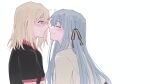  2girls absurdres alt_text bang_dream! bang_dream!_it's_mygo!!!!! black_ribbon black_shirt blonde_hair blue_hair closed_eyes closed_mouth commentary_request firman_acker hair_ribbon heart highres imminent_kiss indonesian_commentary long_hair medium_hair misumi_uika multiple_girls noses_touching purple_eyes ribbon shirt simple_background togawa_sakiko two_side_up white_background white_shirt yuri 
