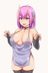  1girl areola_slip breasts breasts_apart bridal_gauntlets covered_nipples demon_girl dress ear_piercing grey_background hair_ornament highres horns kizuki_rei large_breasts oni original piercing pink_hair simple_background solo thighs tongue tongue_out white_background 