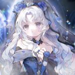  1girl :o arm_cutout artist_name baonu_de_zhanshen_caibutou bare_shoulders black_arm_warmers black_choker blue_dress blue_eyes blue_eyeshadow blue_flower blue_gemstone blue_rose bridal_veil bride chinese_commentary choker church clenched_hand clothing_cutout collarbone commentary_request diamond_cutout dot_nose dress expressionless eyelashes eyeshadow facial_tattoo floral_print flower flower_tattoo gem grey_flower grey_rose grey_veil hair_flower hair_ornament hand_on_own_chest highres indoors infinity_nikki lace lace-trimmed_veil lace_arm_warmers lace_choker lace_trim light_blush light_particles long_hair long_sidelocks looking_to_the_side makeup making-of_available nameless_selfless_(infinity_nikki) nikki_(series) off-shoulder_dress off_shoulder parted_bangs parted_lips petals print_arm_warmers procreate_(medium) rose rose_petals rose_print runny_makeup see-through_clothes see-through_veil short_sleeves sidelocks solo sparkle stained_glass tareme tattoo upper_body veil very_long_hair wavy_hair wedding_dress white_hair 